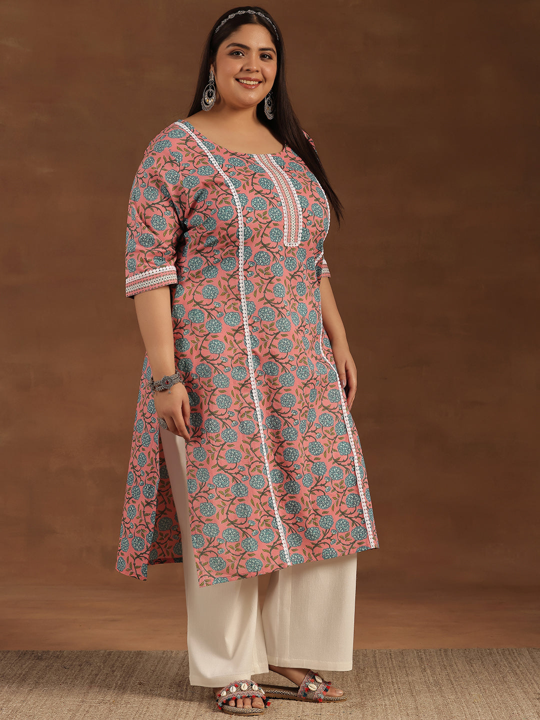 Plus Size Pink Printed Cotton Straight Kurta