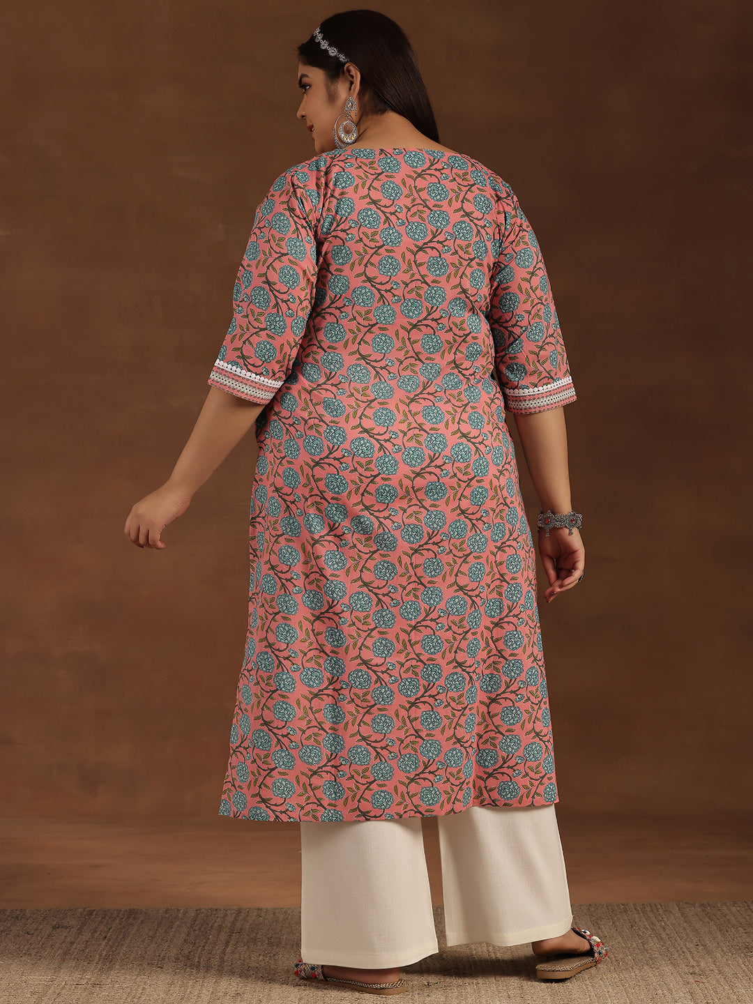 Plus Size Pink Printed Cotton Straight Kurta