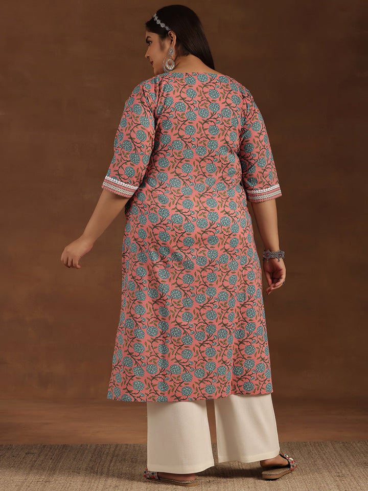 Plus Size Pink Printed Cotton Straight Kurta