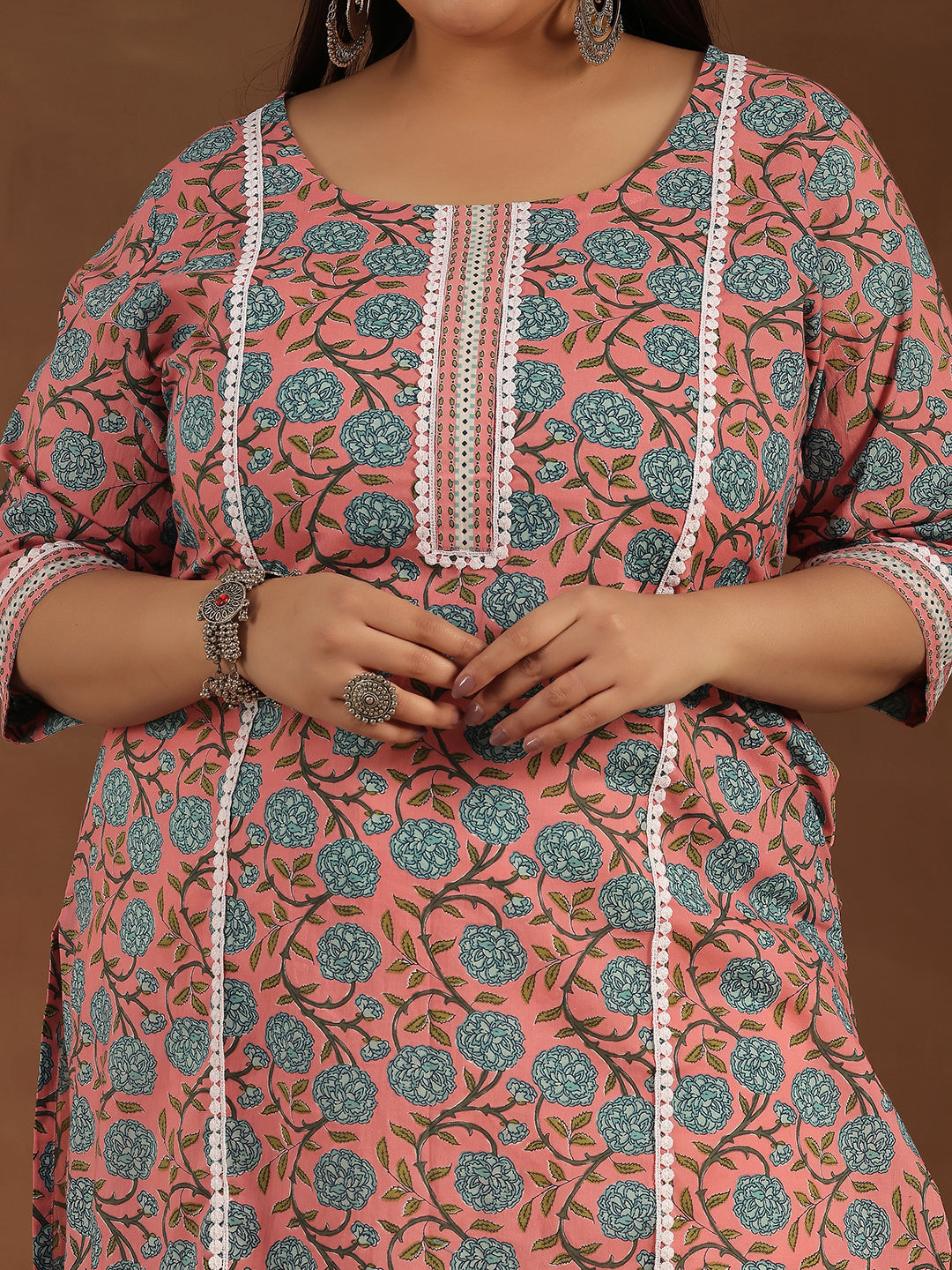 Plus Size Pink Printed Cotton Straight Kurta