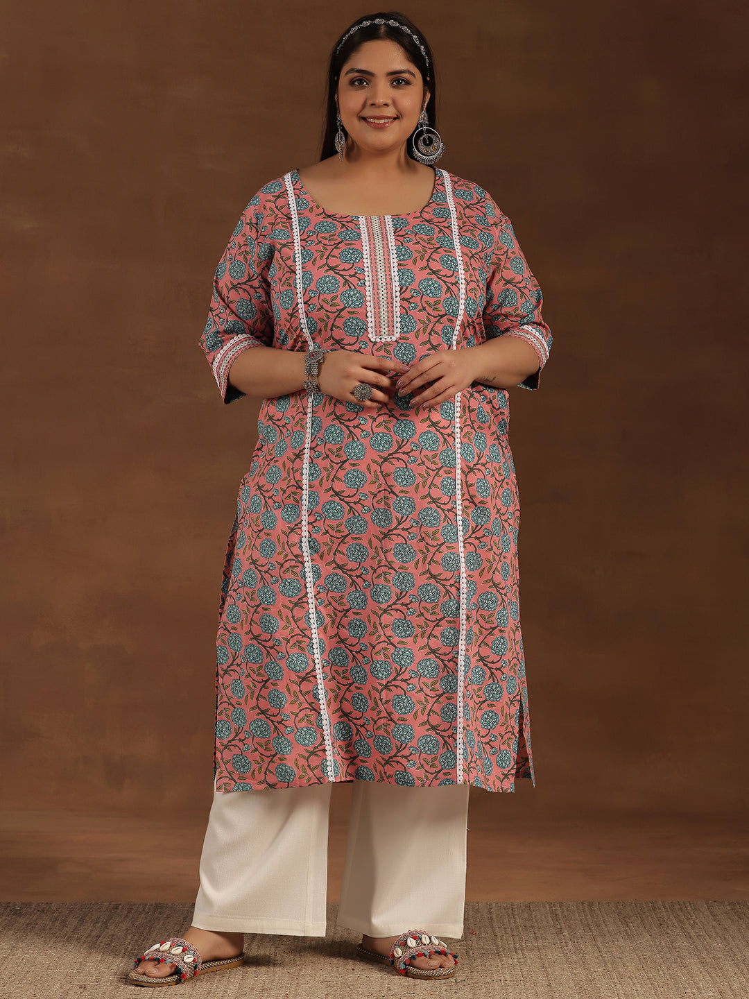 Plus Size Pink Printed Cotton Straight Kurta