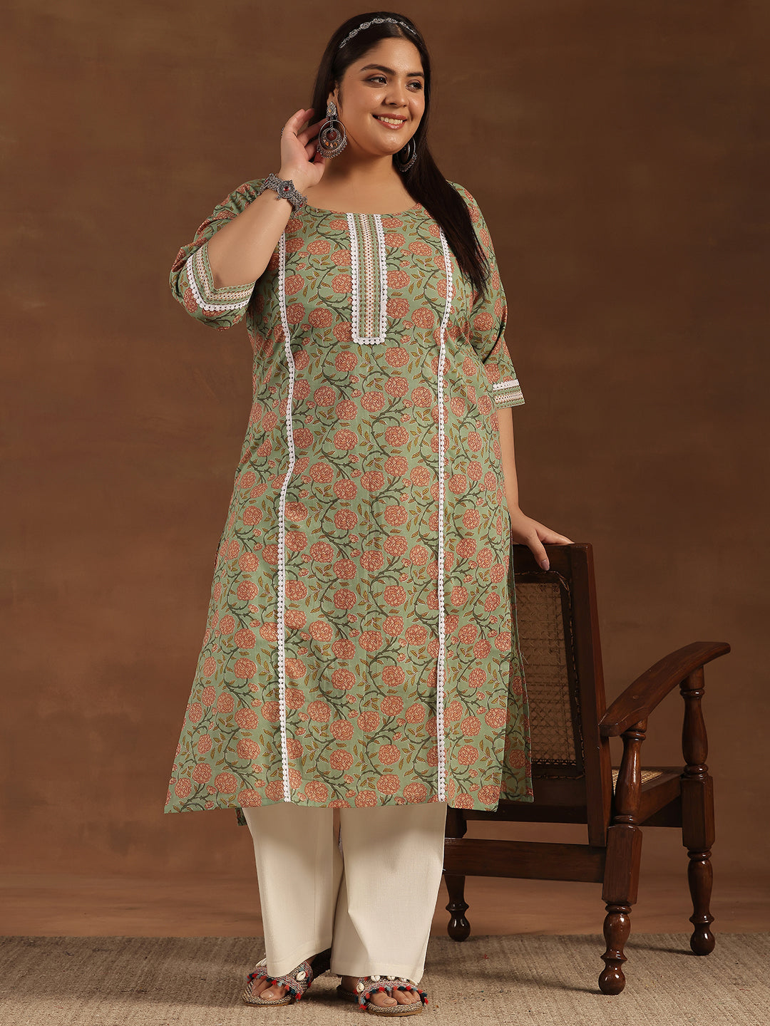 Plus Size Green Printed Cotton Straight Kurta