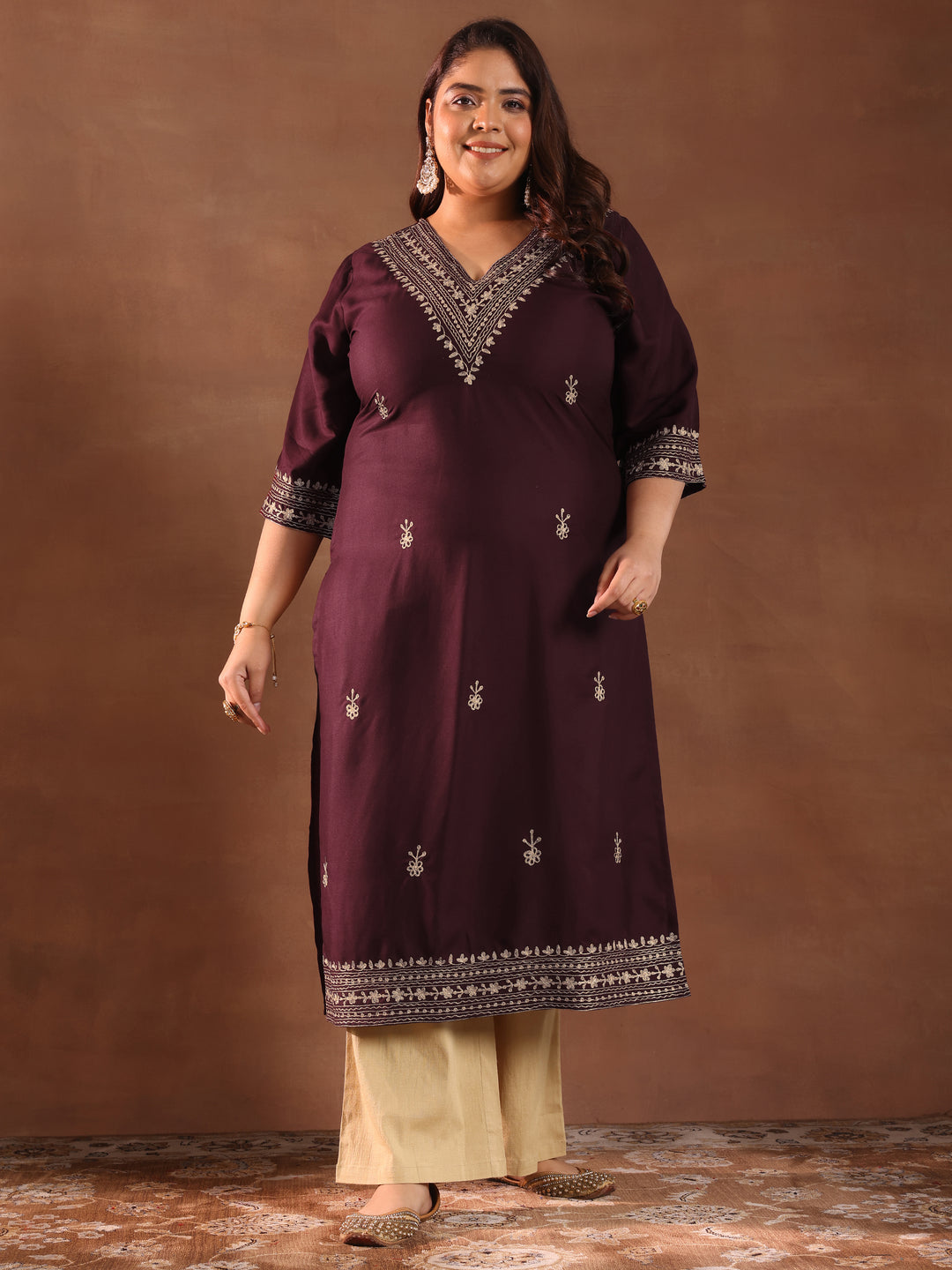 Plus Size Burgundy Printed Rayon Straight Kurta