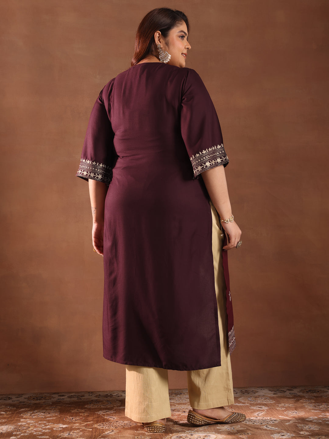 Plus Size Burgundy Printed Rayon Straight Kurta