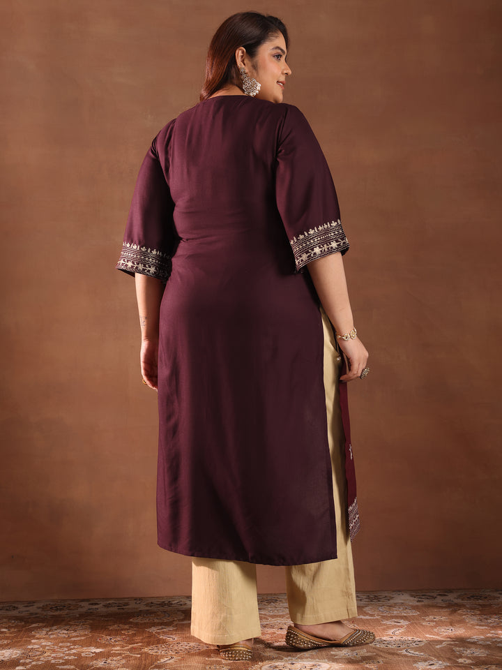 Plus Size Burgundy Printed Rayon Straight Kurta