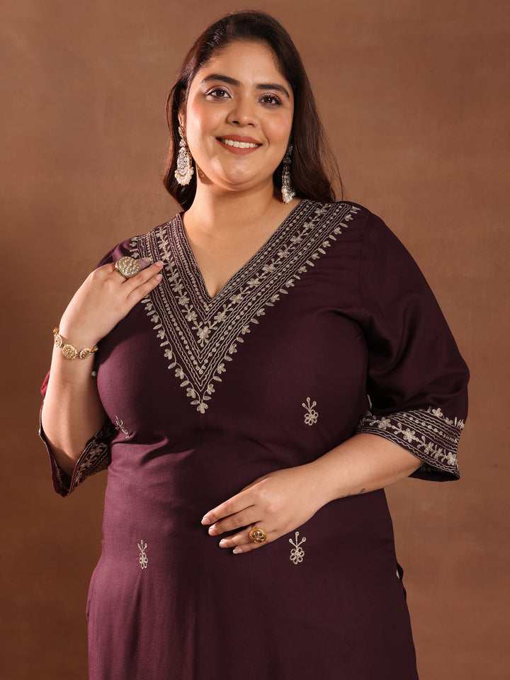 Plus Size Burgundy Printed Rayon Straight Kurta