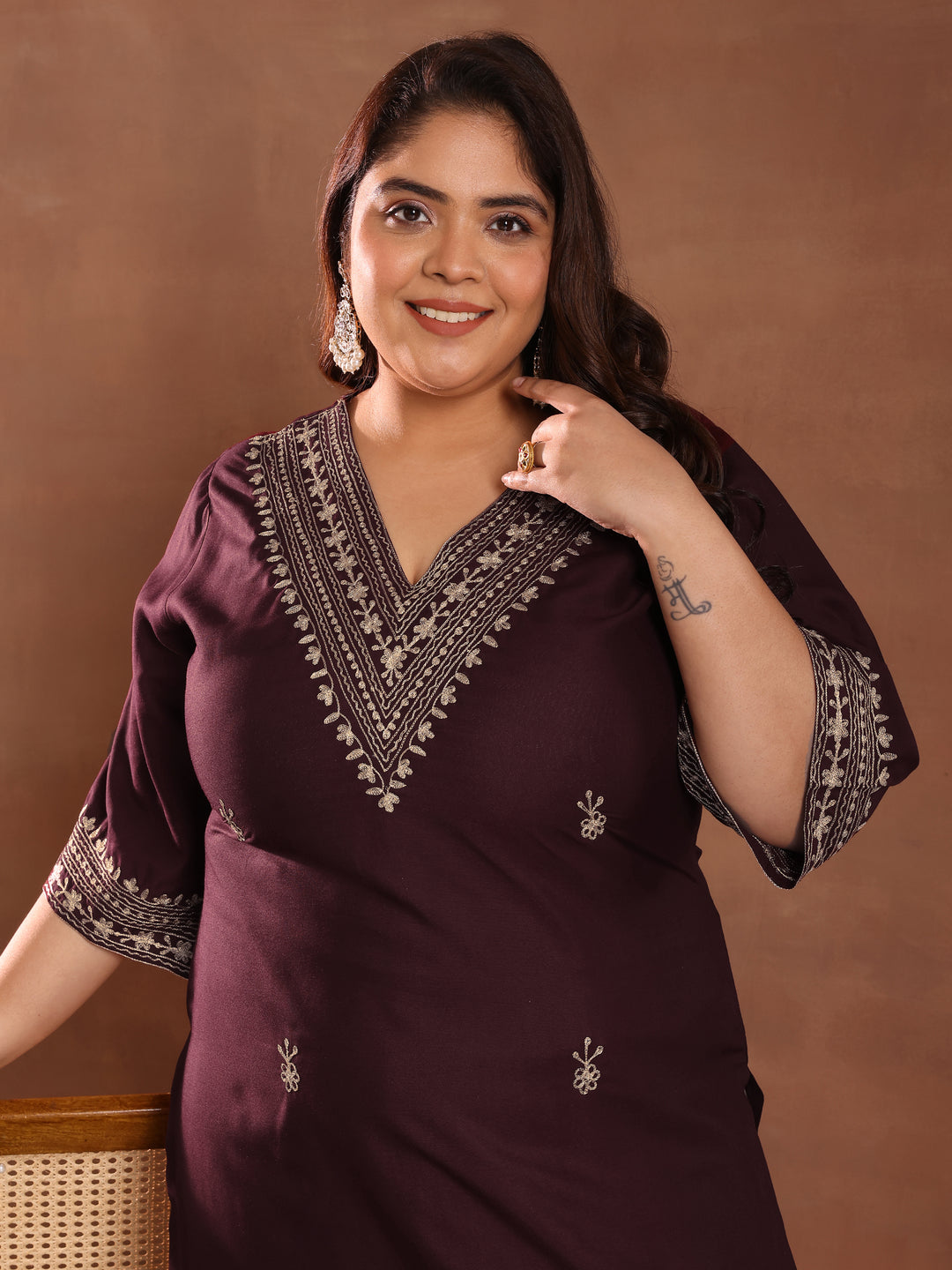Plus Size Burgundy Printed Rayon Straight Kurta