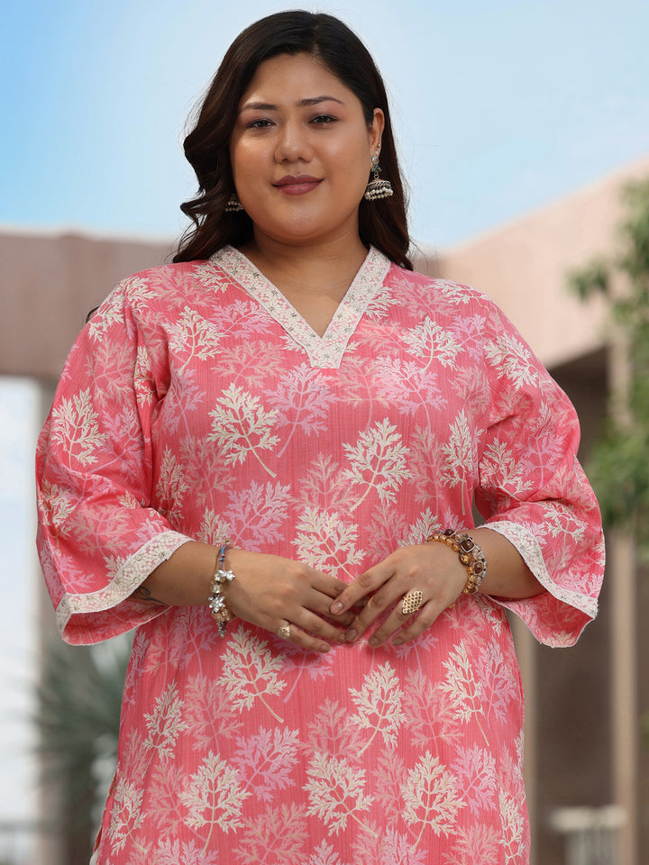 Plus Size Pink Printed Cotton Straight Kurta
