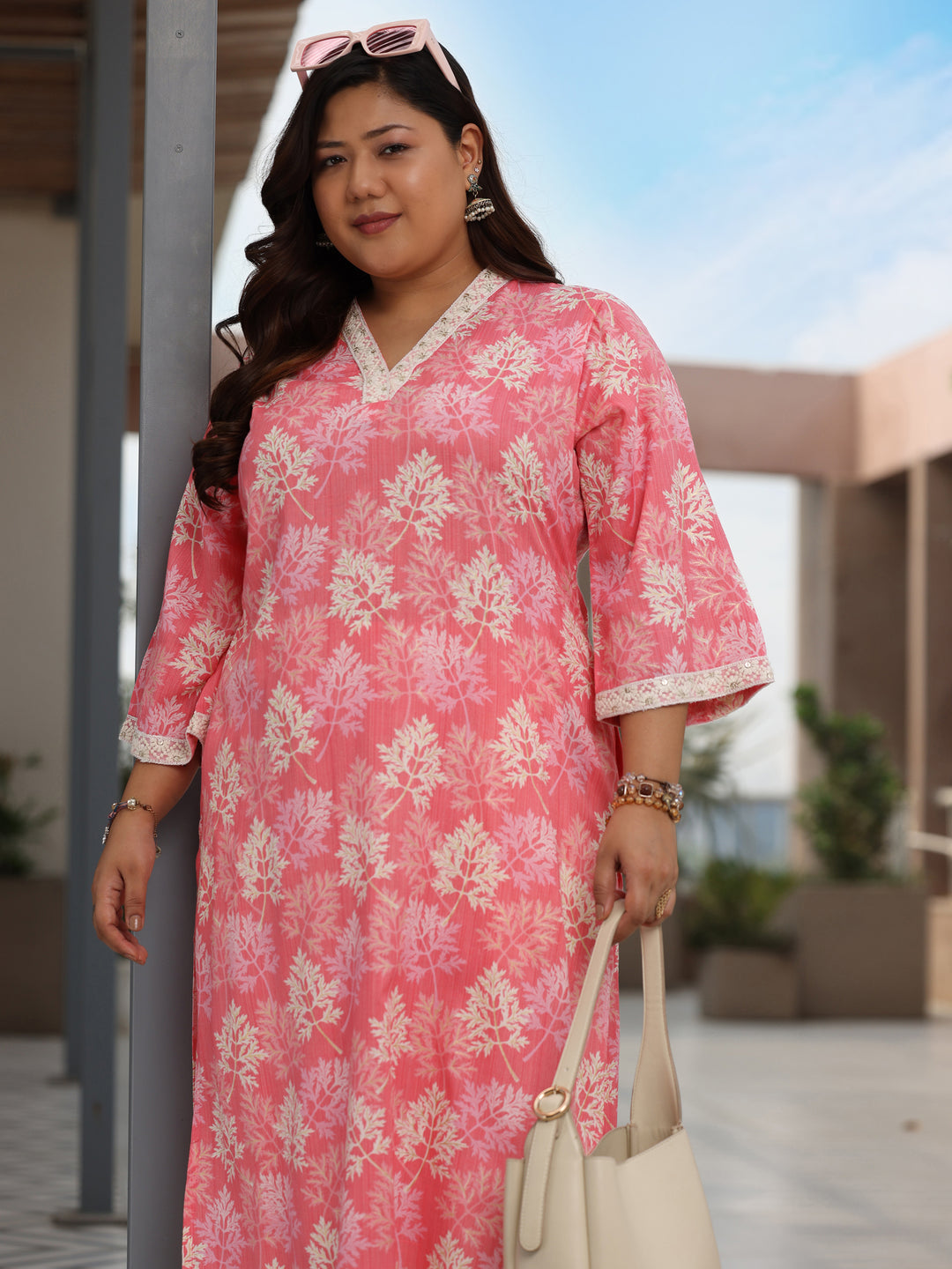Plus Size Pink Printed Cotton Straight Kurta