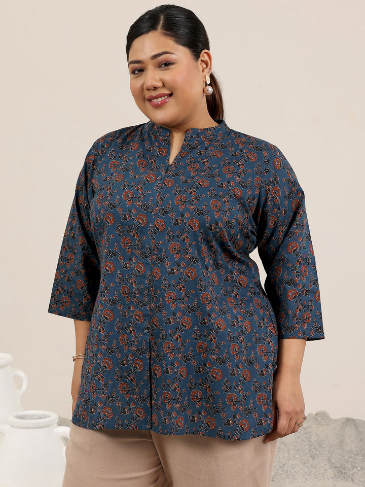 Plus Size Blue Printed Cotton Kurti