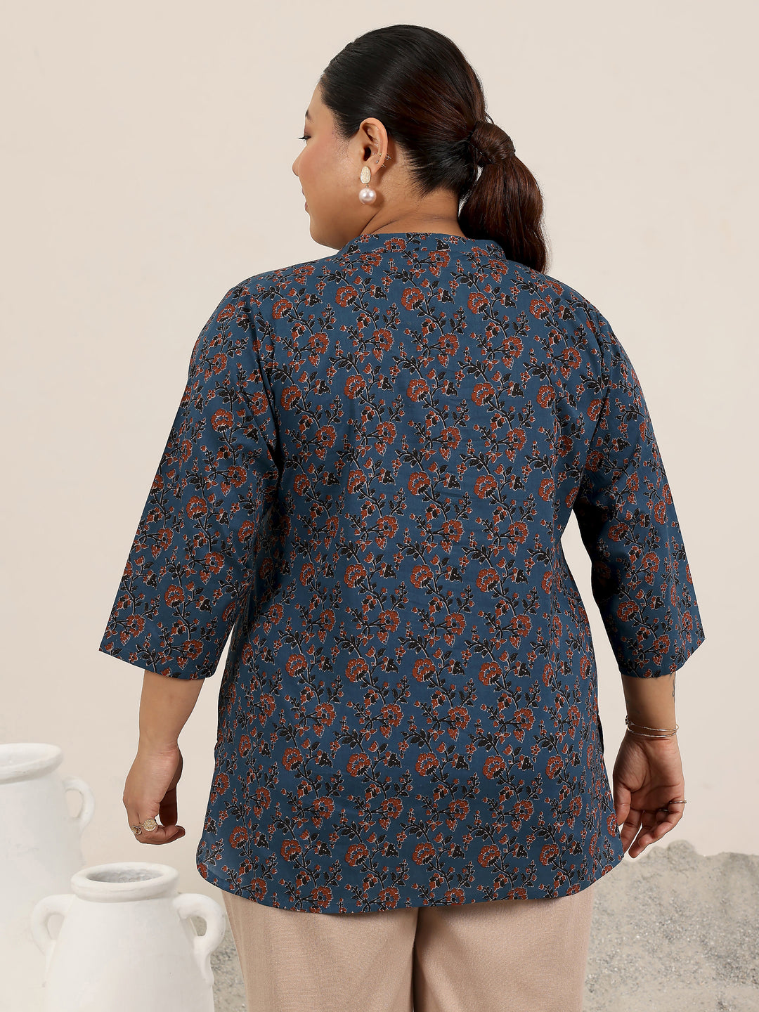 Plus Size Blue Printed Cotton Kurti