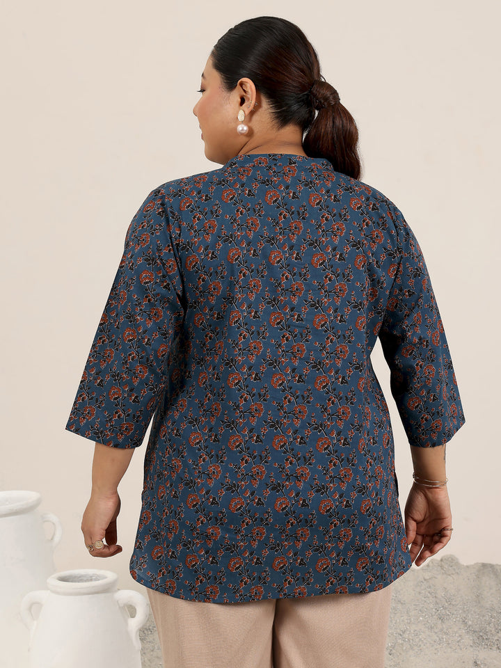 Plus Size Blue Printed Cotton Kurti