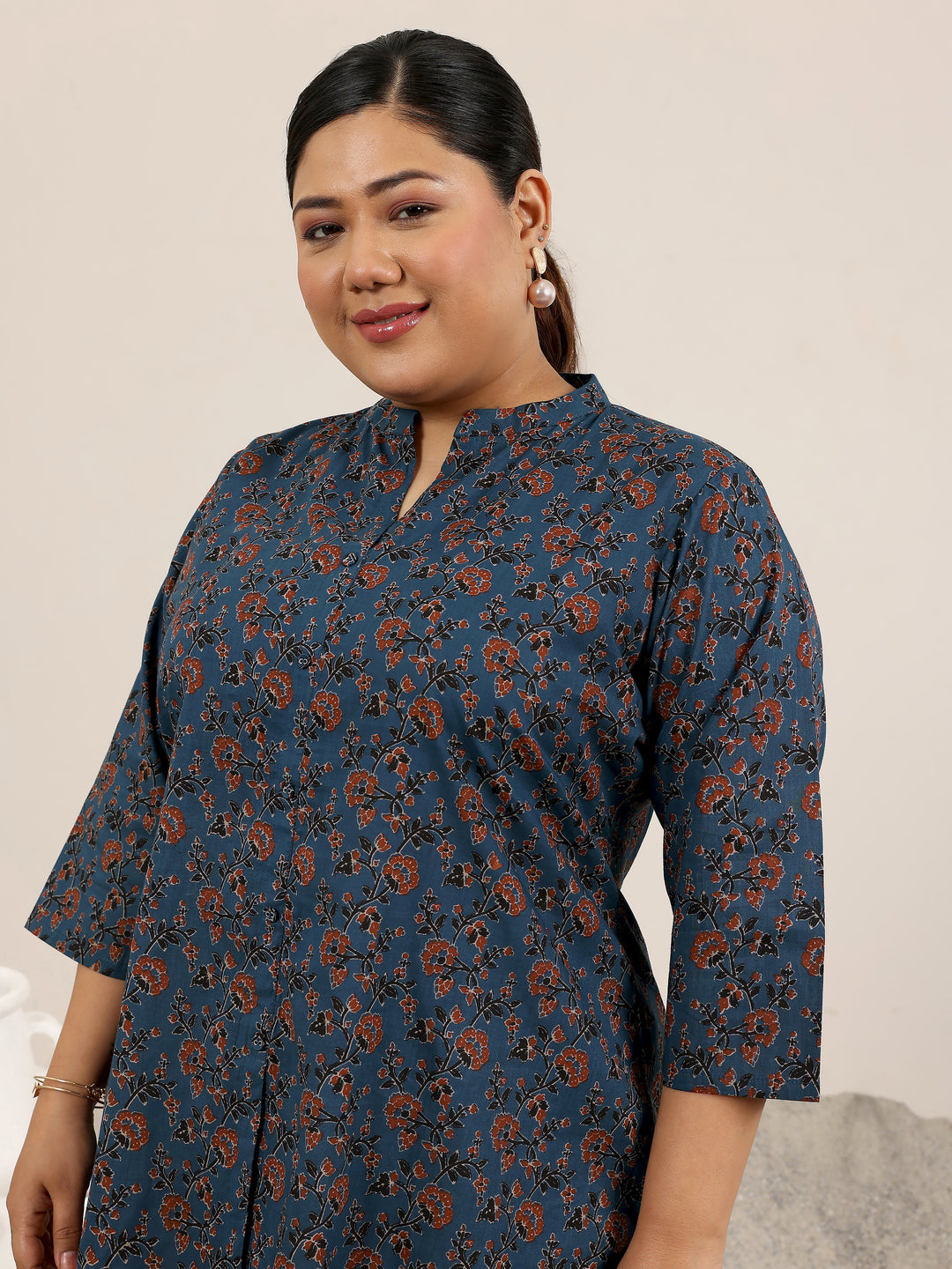 Plus Size Blue Printed Cotton Kurti