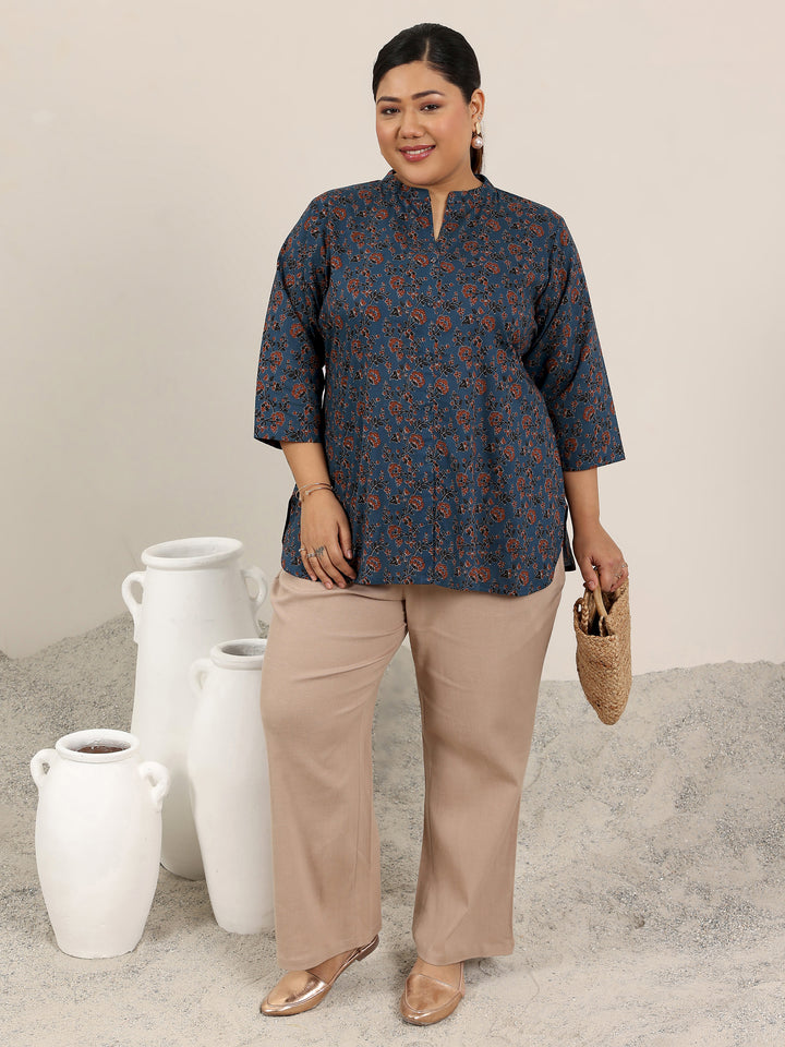 Plus Size Blue Printed Cotton Kurti