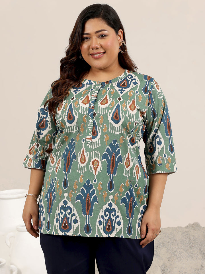 Plus Size Green Printed Cotton Kurti