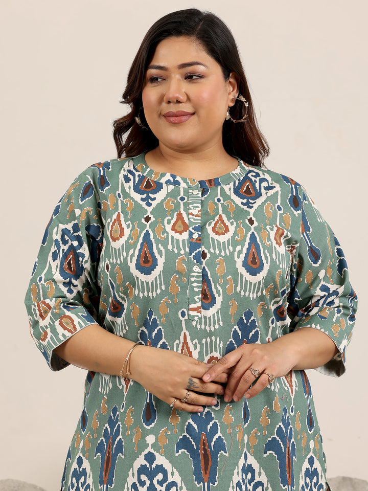 Plus Size Green Printed Cotton Kurti