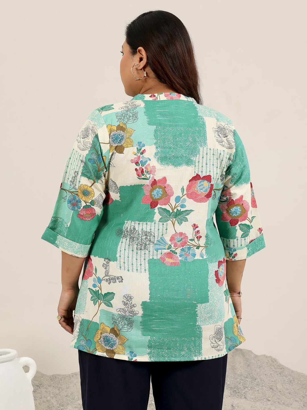 Plus Size Green Printed Cotton Kurti