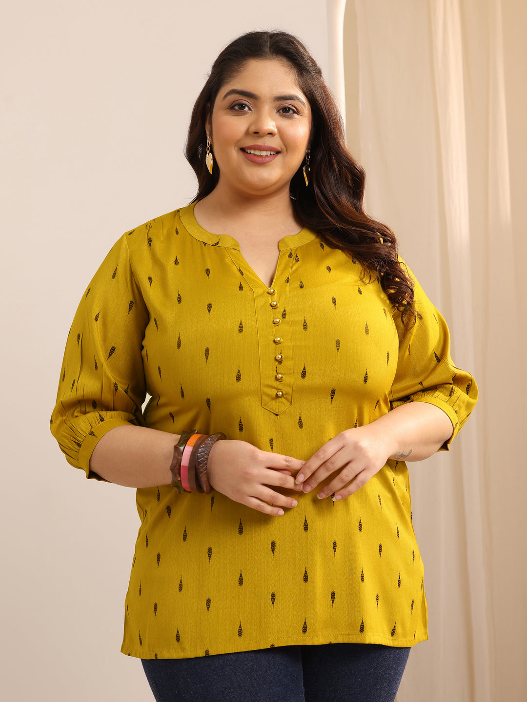 Plus Size Mustard Self Design Viscose Rayon Straight Short Kurti
