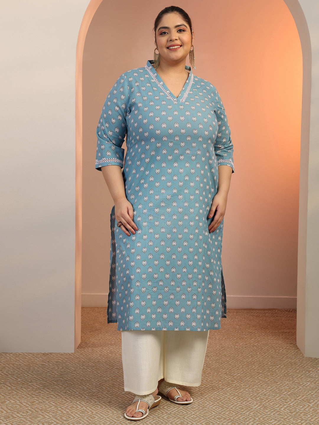 Plus Size Blue Printed Cotton Straight Kurta