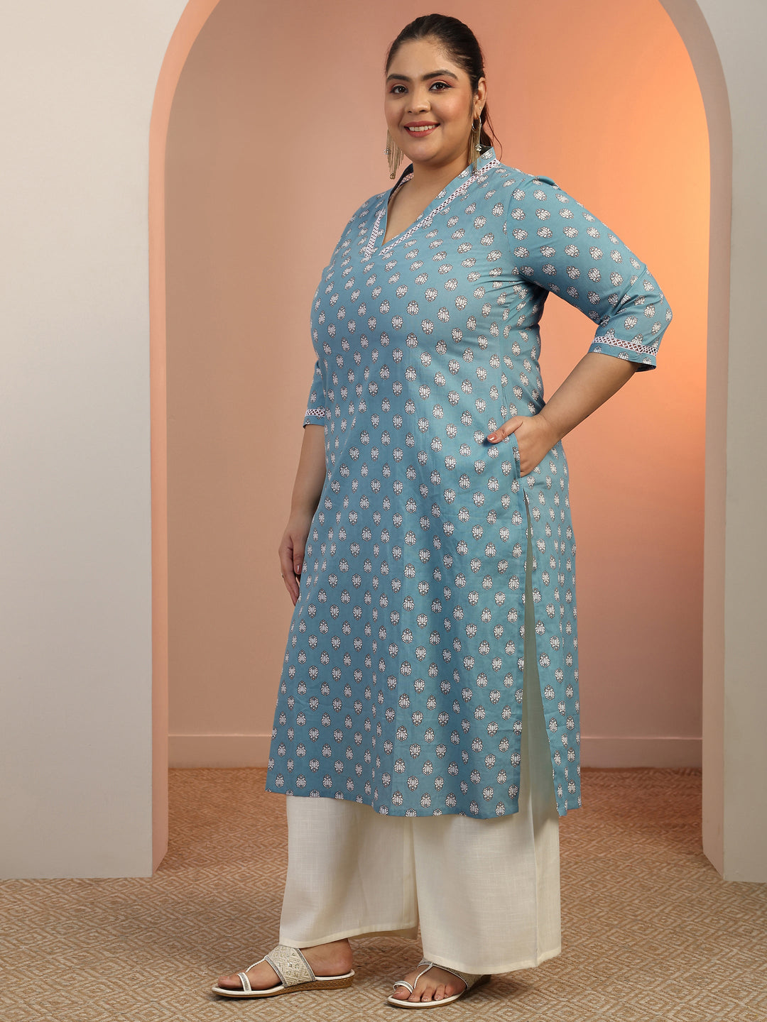 Plus Size Blue Printed Cotton Straight Kurta