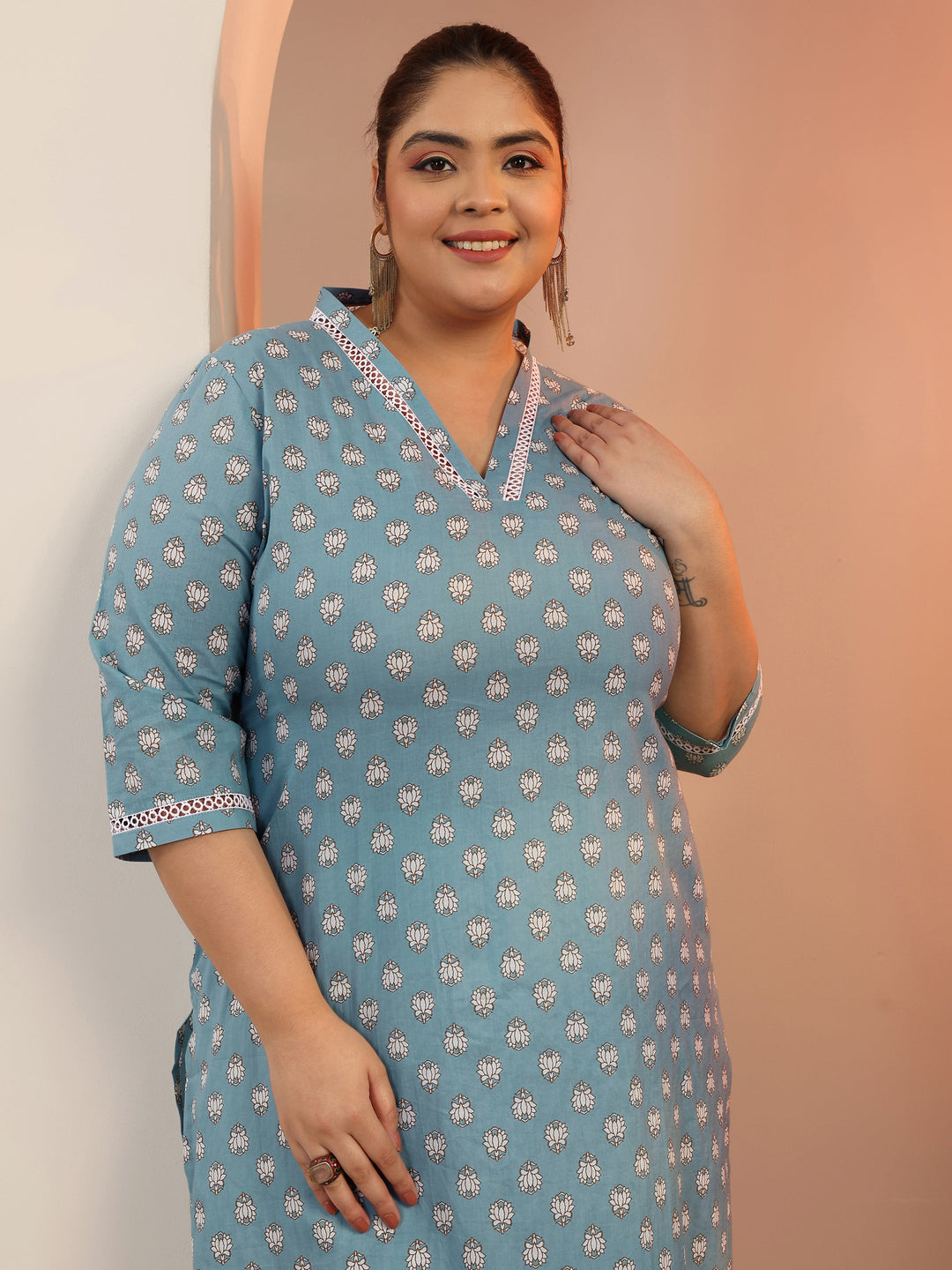 Plus Size Blue Printed Cotton Straight Kurta