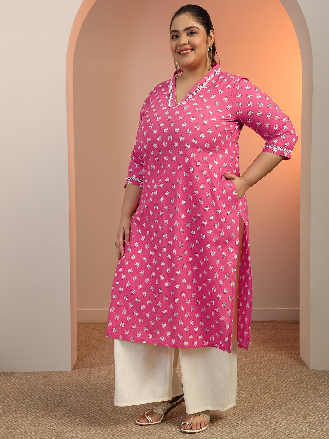 Plus Size Pink Printed Cotton Straight Kurta