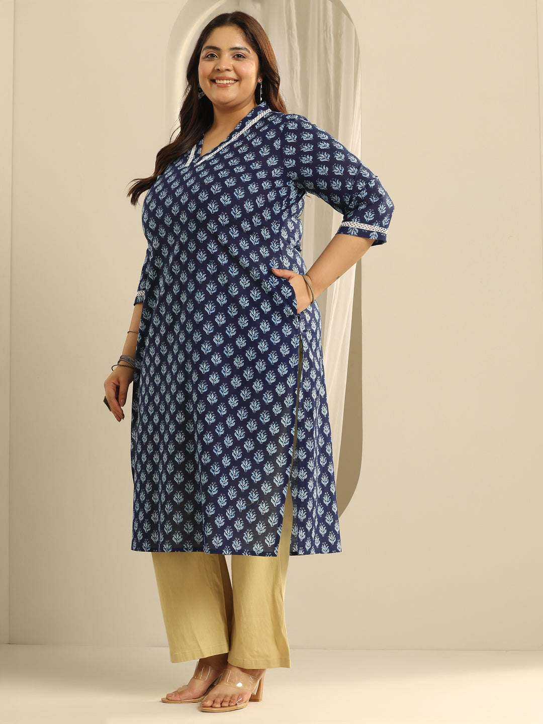 Plus Size Indigo Printed Cotton Straight Kurta