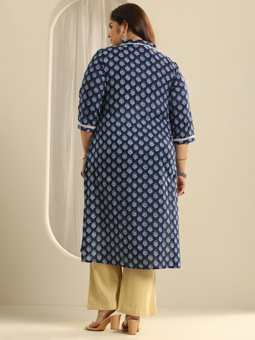 Plus Size Indigo Printed Cotton Straight Kurta