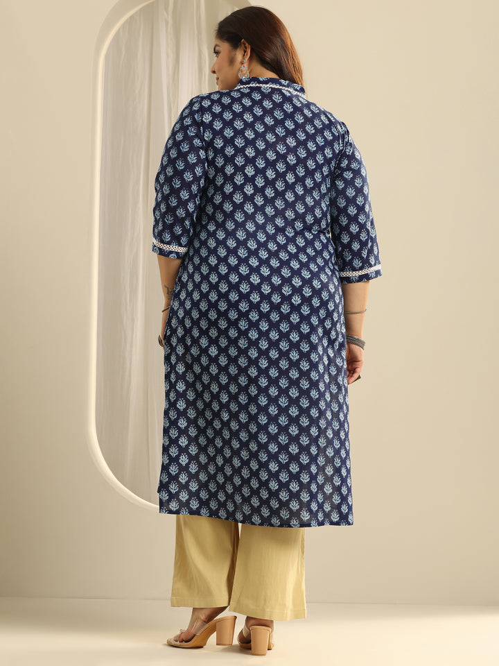 Plus Size Indigo Printed Cotton Straight Kurta