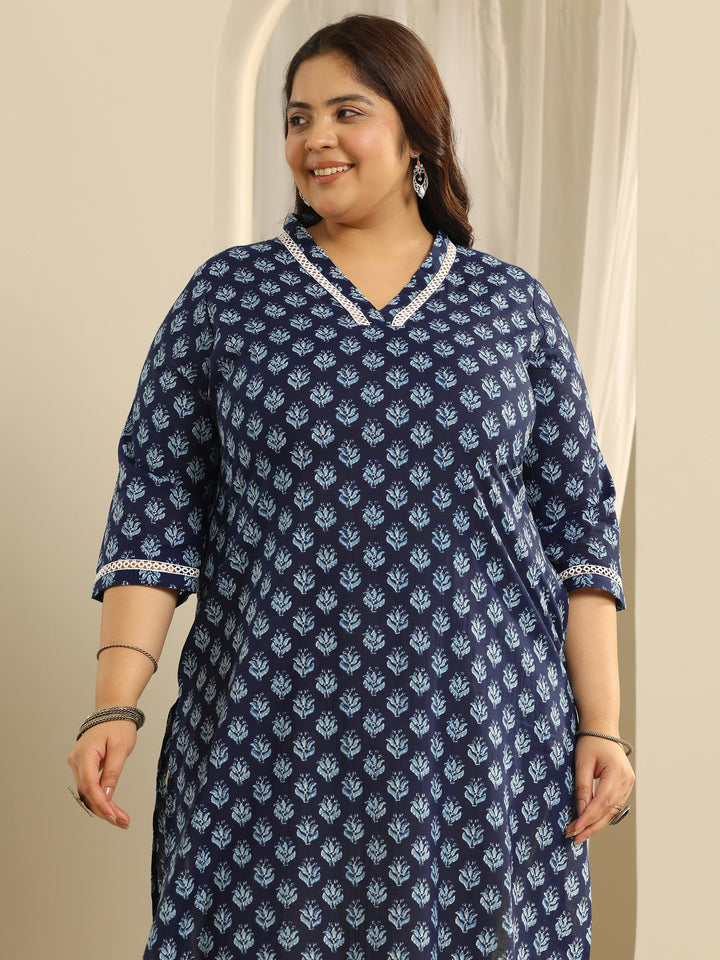 Plus Size Indigo Printed Cotton Straight Kurta