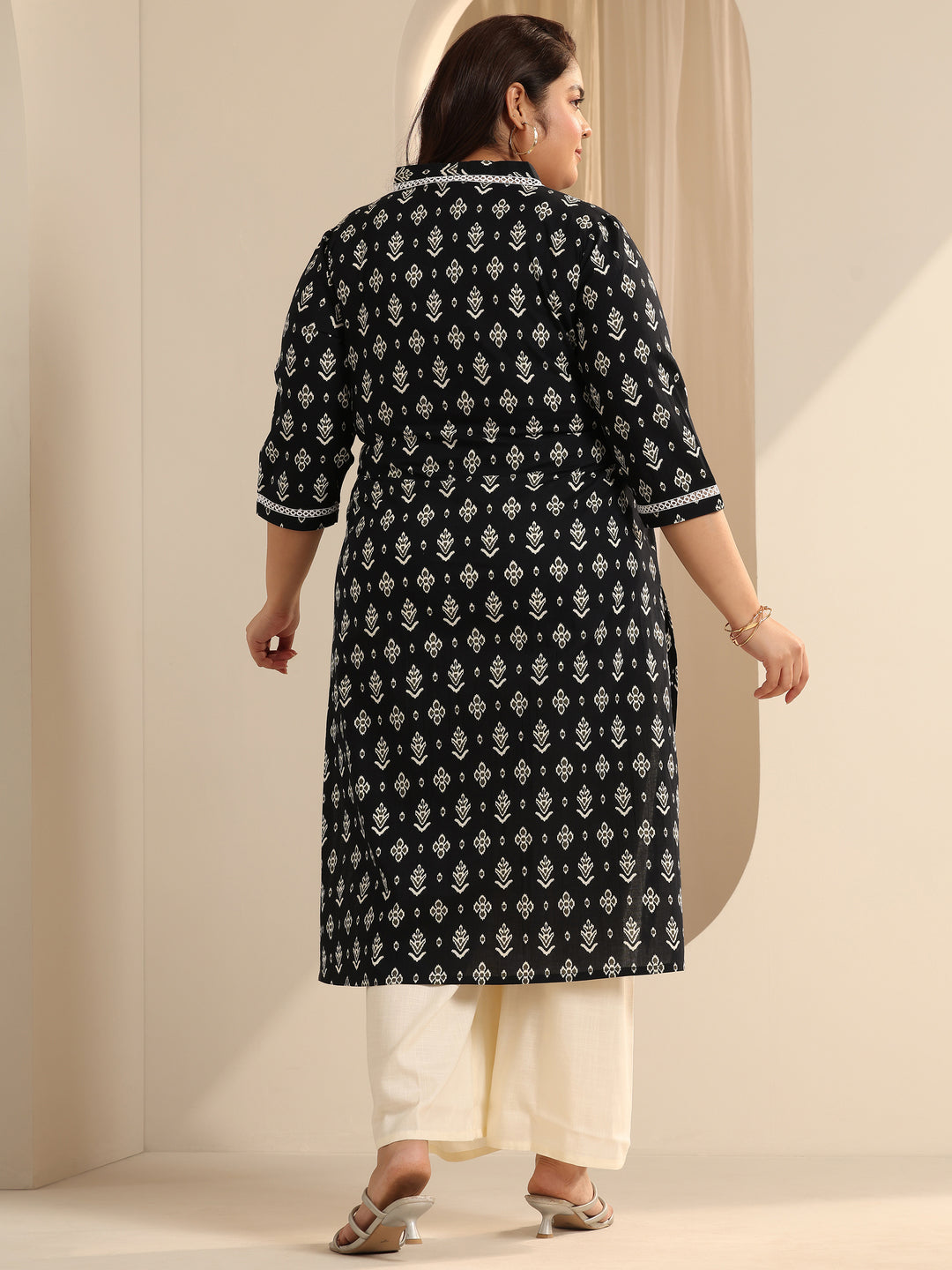 Plus Size Black Printed Cotton Straight Kurta