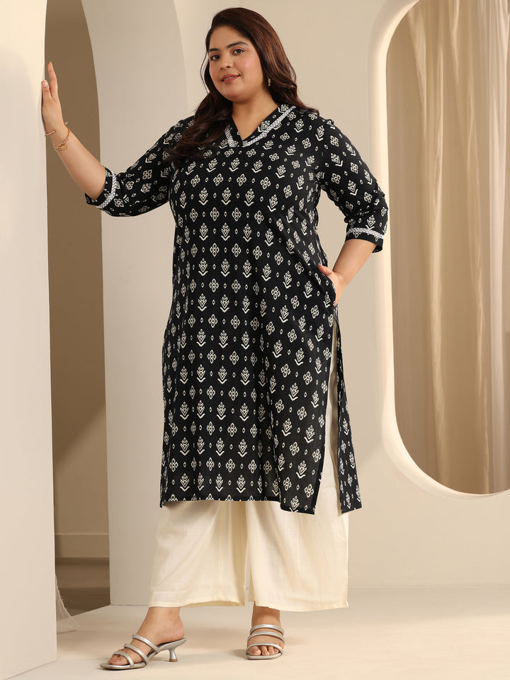 Plus Size Black Printed Cotton Straight Kurta