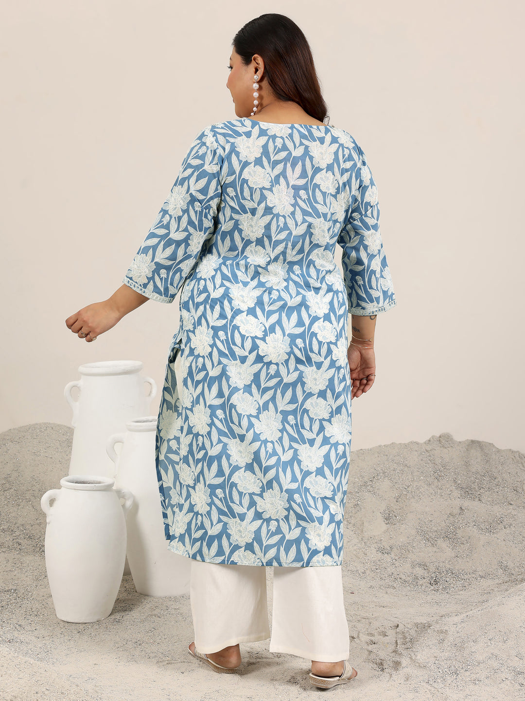 Plus Size Blue Printed Cotton Kurta