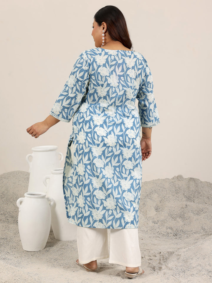 Plus Size Blue Printed Cotton Kurta