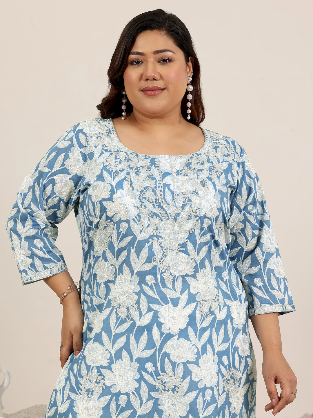 Plus Size Blue Printed Cotton Kurta