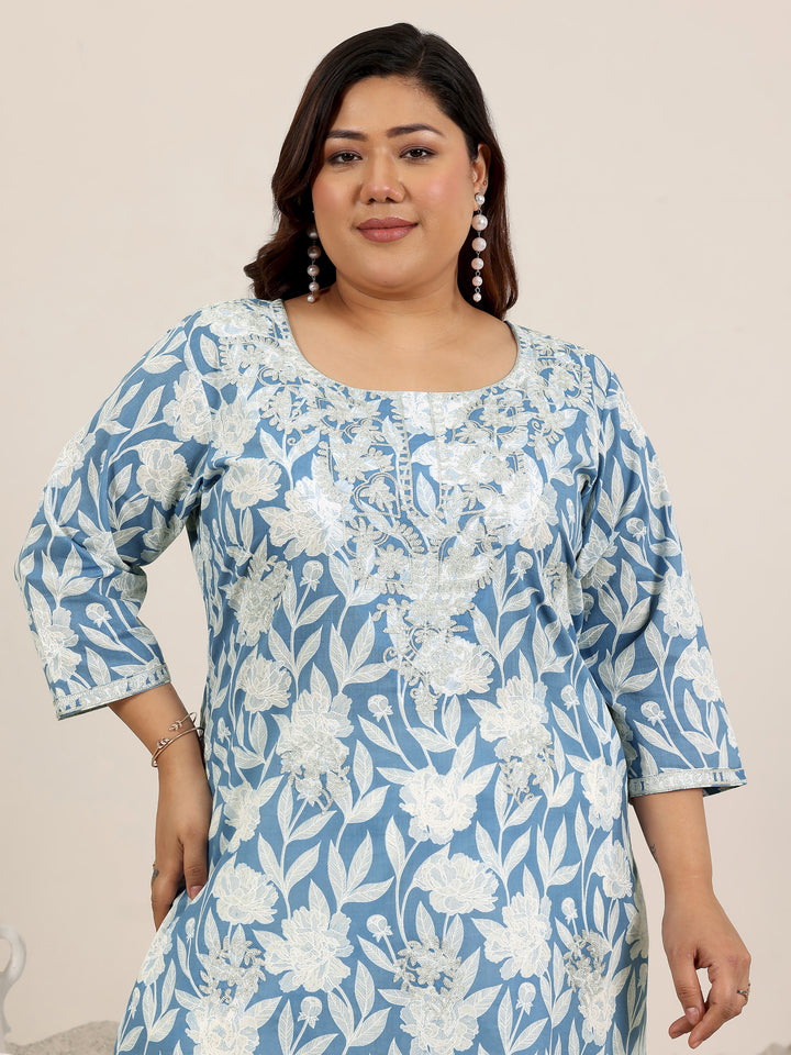 Plus Size Blue Printed Cotton Kurta