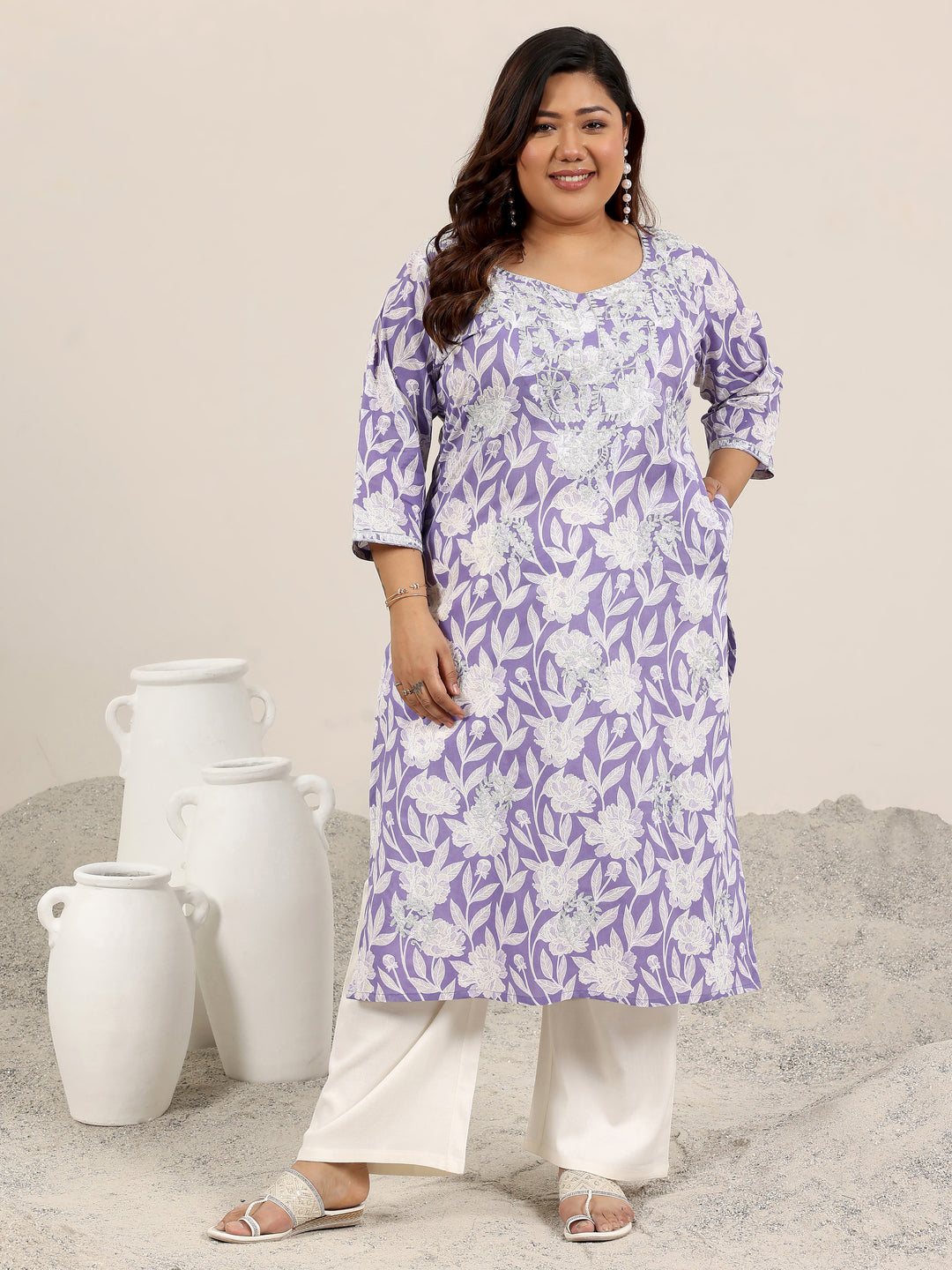 Plus Size Lavender Printed Cotton Straight Kurta