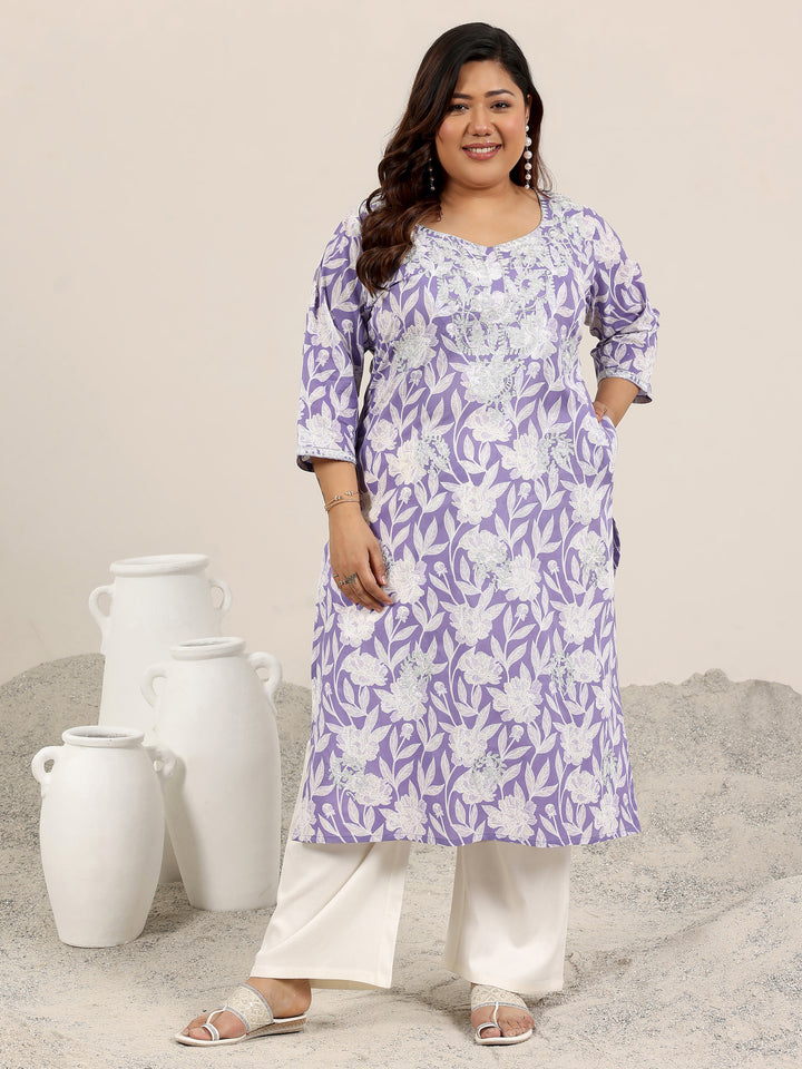 Plus Size Lavender Printed Cotton Straight Kurta