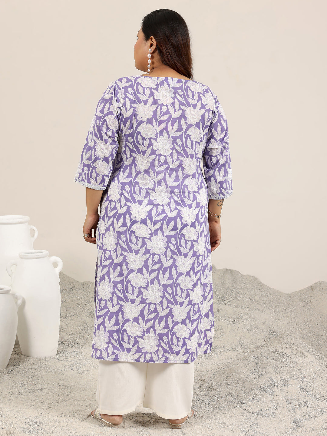 Plus Size Lavender Printed Cotton Straight Kurta