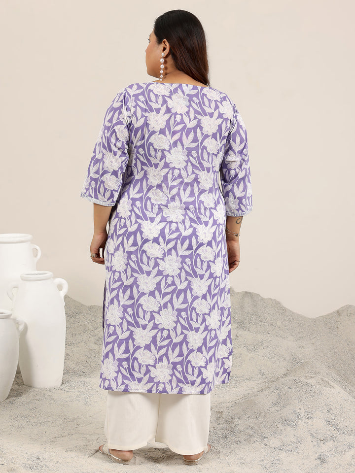 Plus Size Lavender Printed Cotton Straight Kurta
