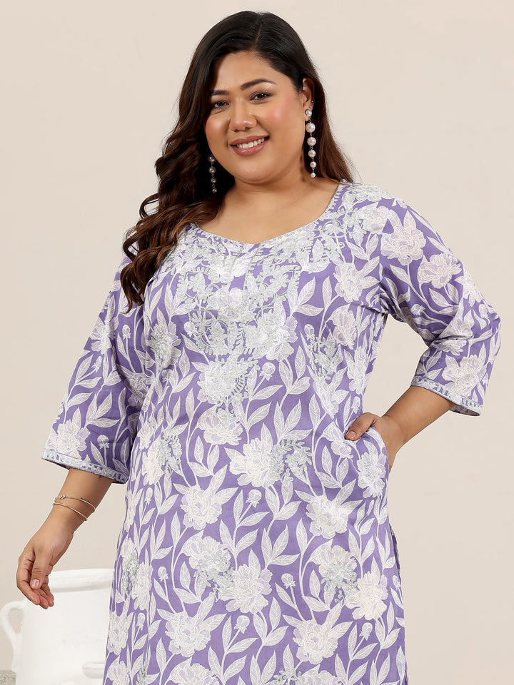 Plus Size Lavender Printed Cotton Straight Kurta