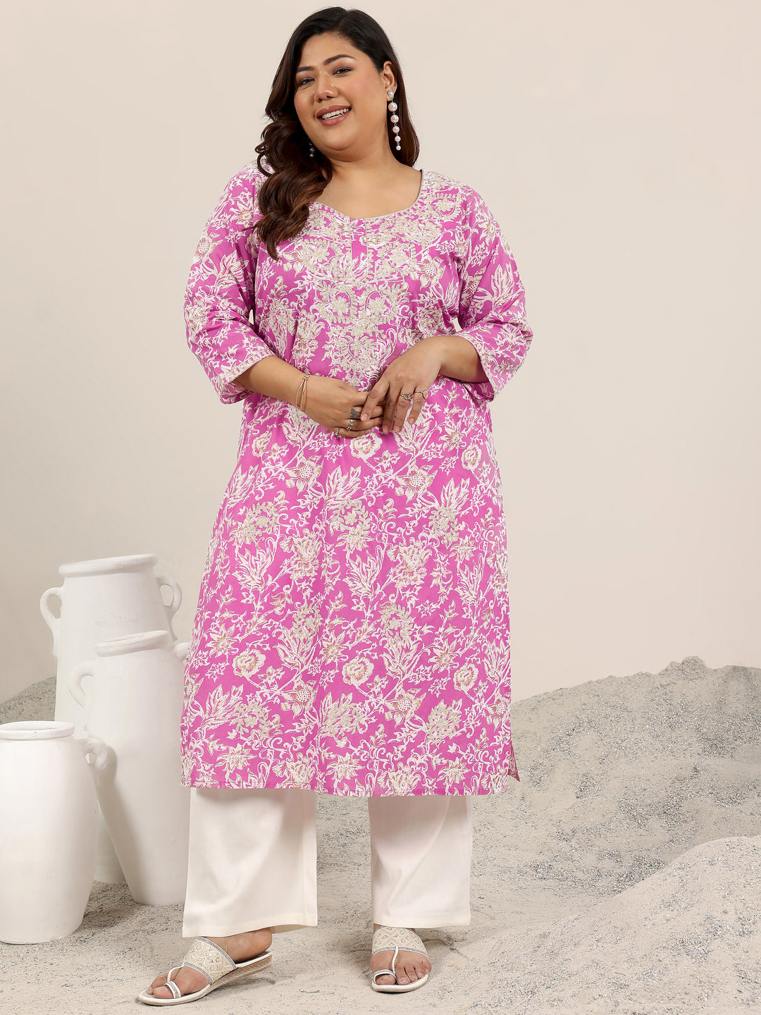 Plus Size Pink Printed Cotton Kurta