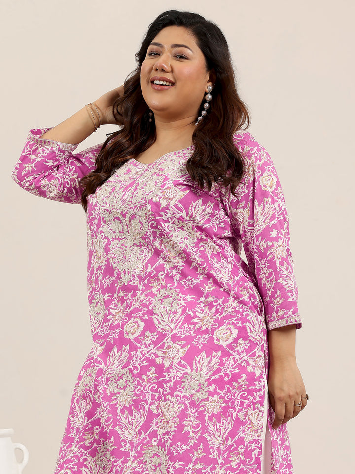 Plus Size Pink Printed Cotton Kurta