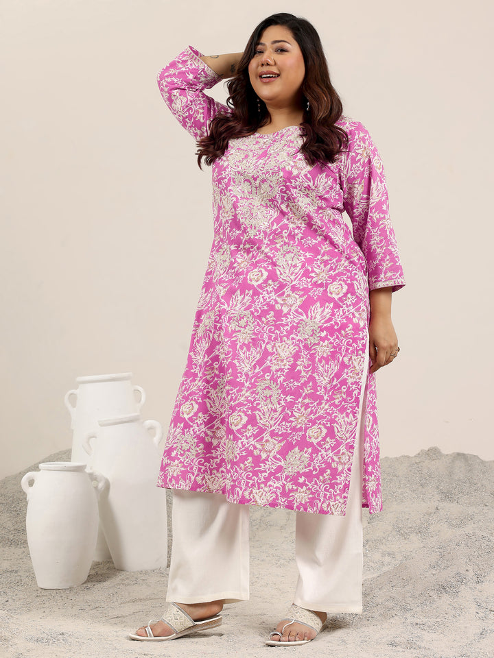 Plus Size Pink Printed Cotton Kurta