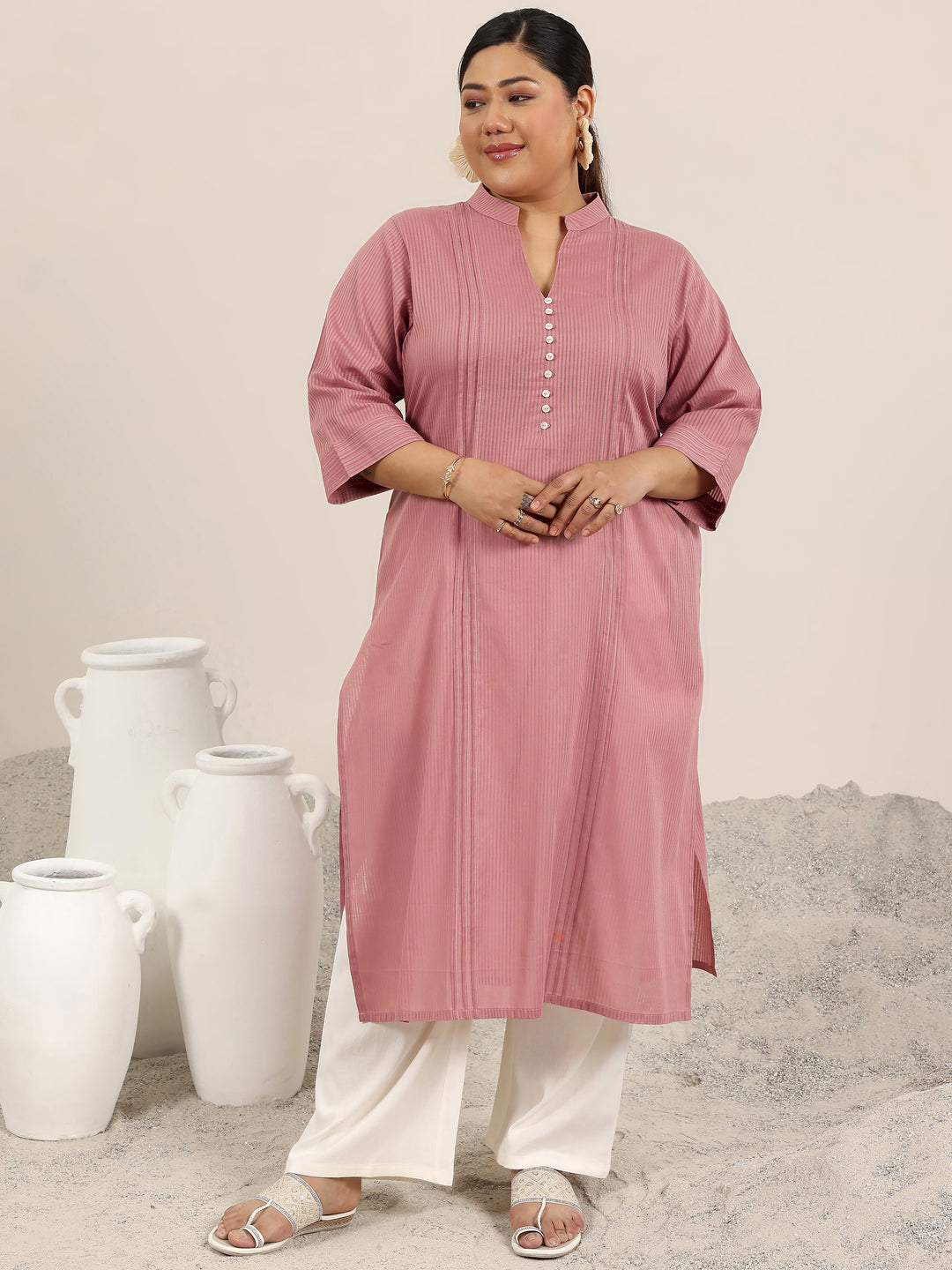 Plus Size Mauve Printed Cotton Straight Kurta