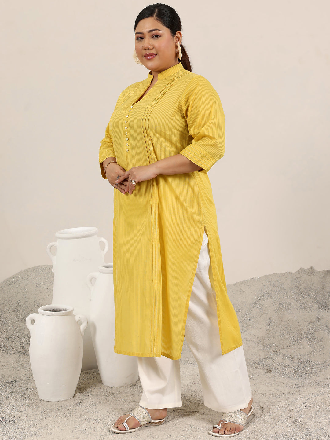 Plus Size Yellow Printed Cotton Kurta