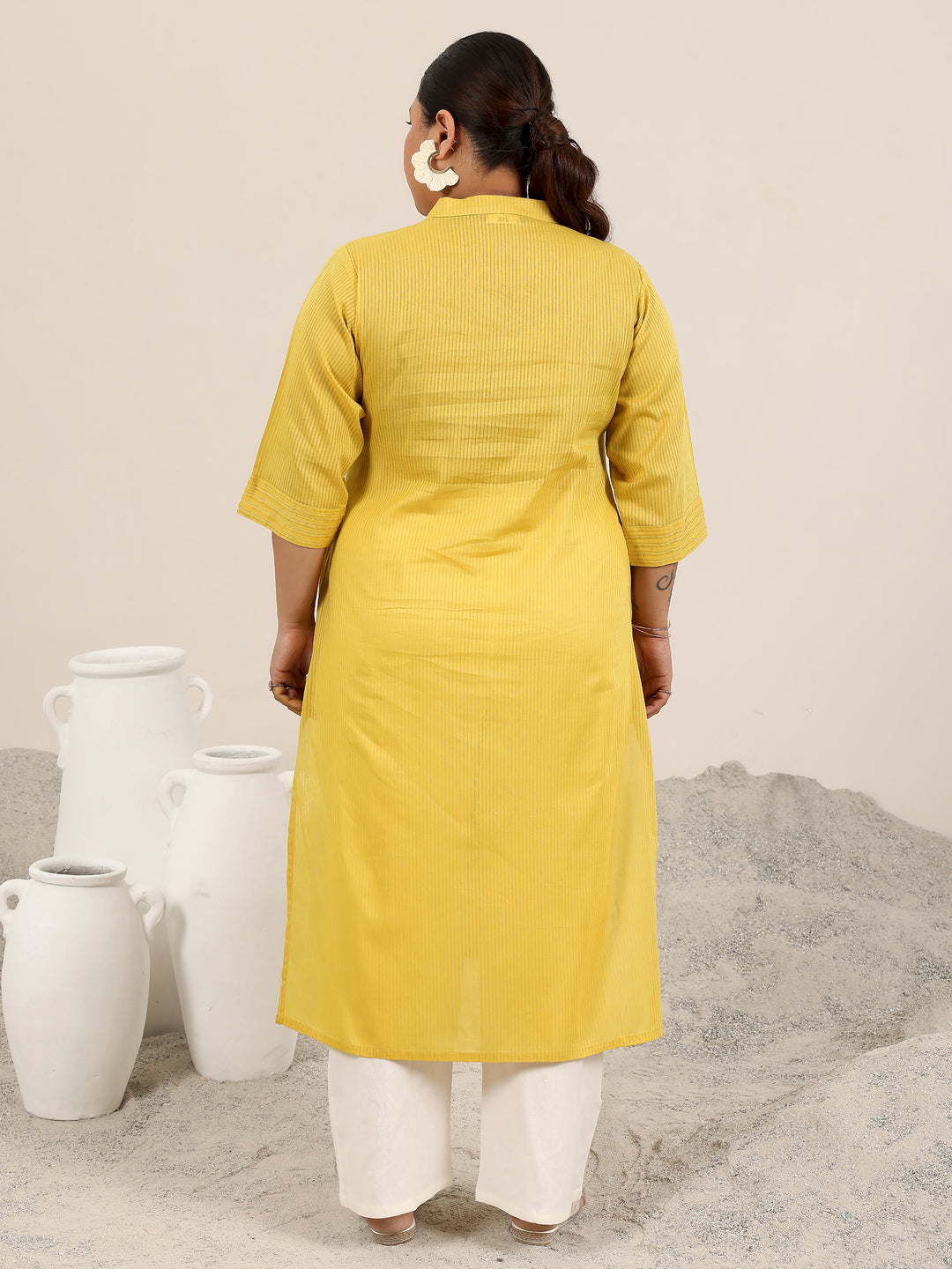 Plus Size Yellow Printed Cotton Kurta