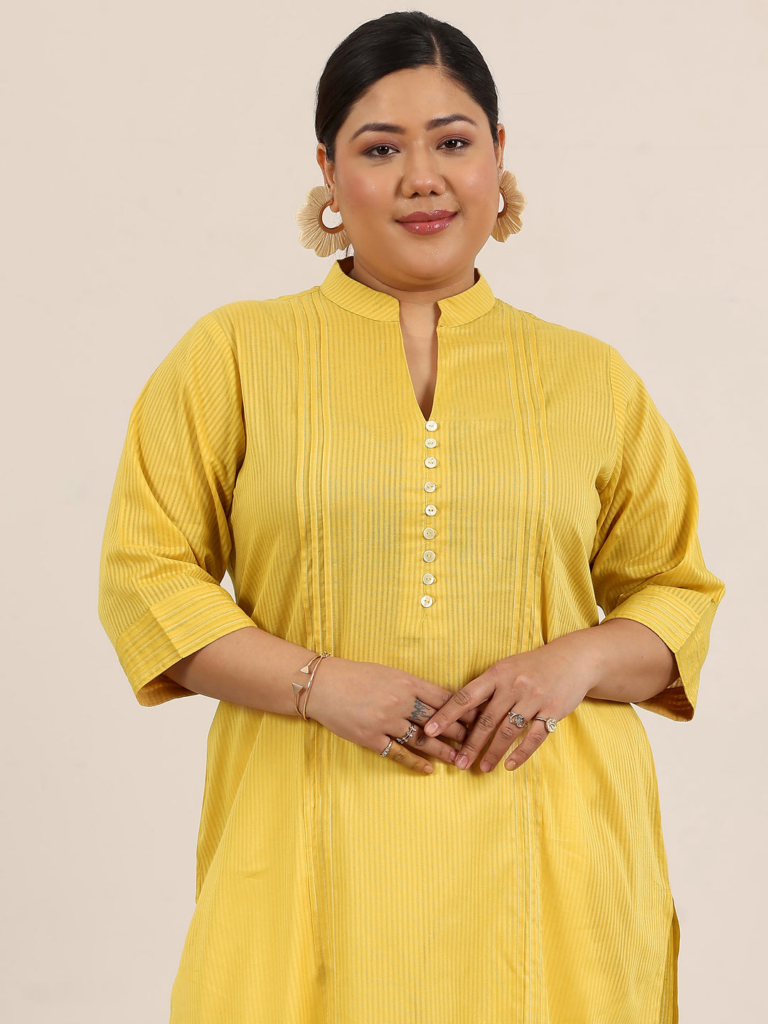 Plus Size Yellow Printed Cotton Kurta