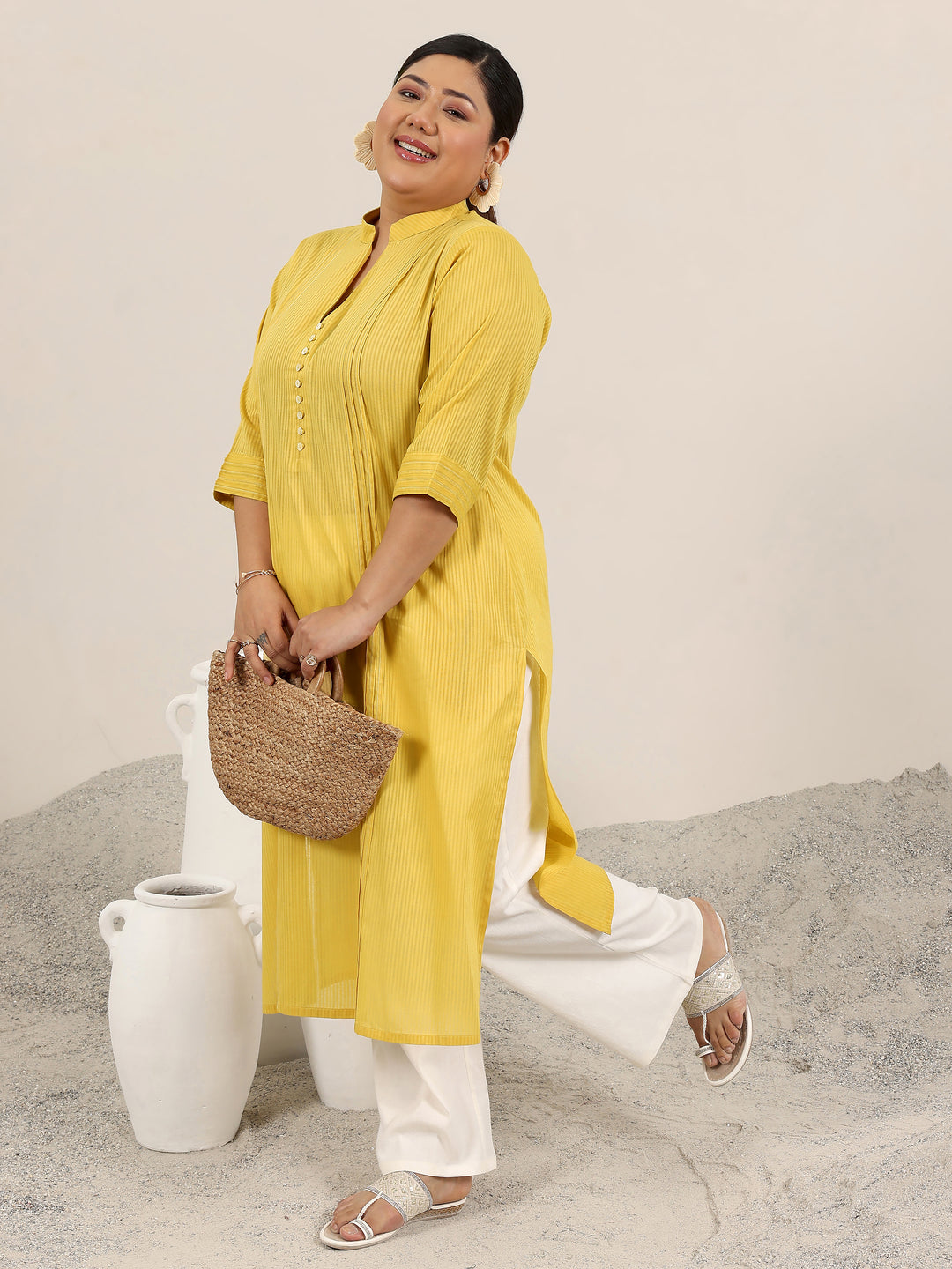 Plus Size Yellow Printed Cotton Kurta