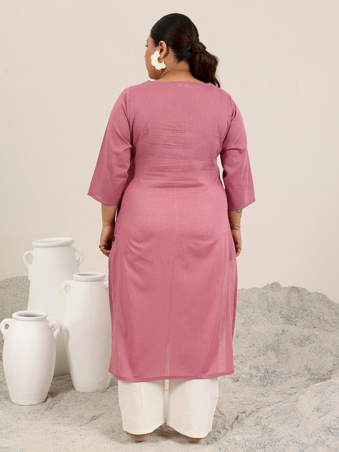 Plus Size Pink Printed Cotton Straight Kurta